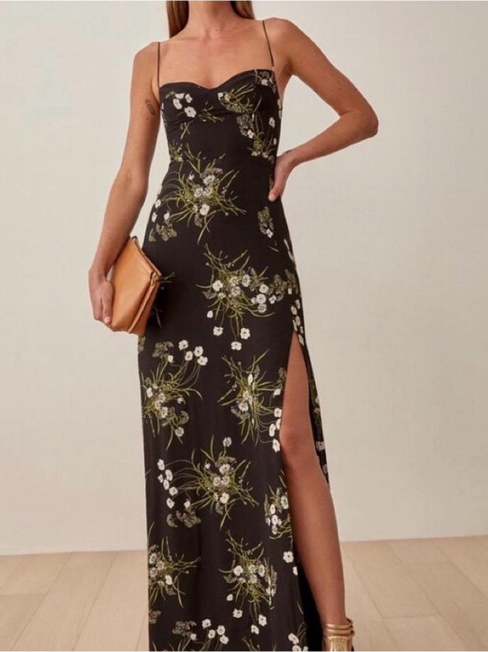 Reformation Black Floral Maxi Dress with floral olive and White Print